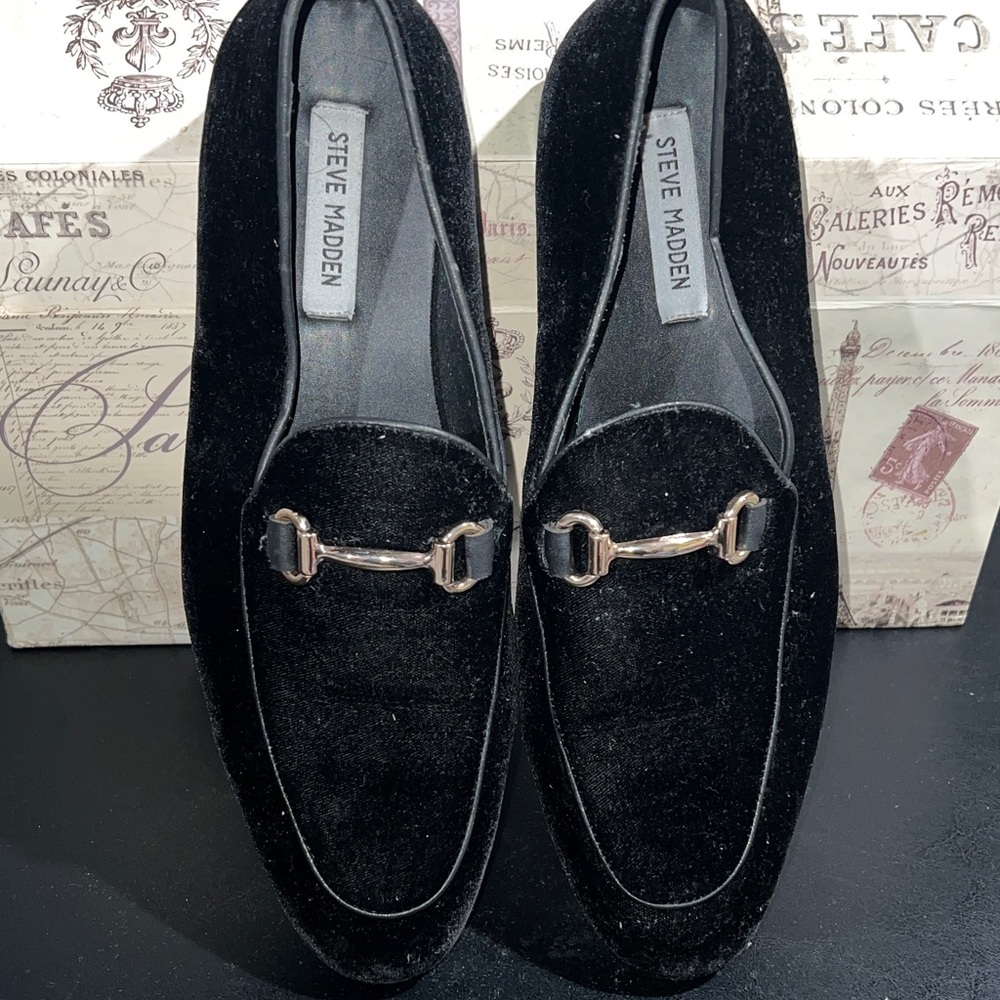 Steve Madden Velvet Black Loafers with Gold Accent